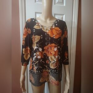 T-c fashion women's size large black and orange glitter floral blouse shirt top